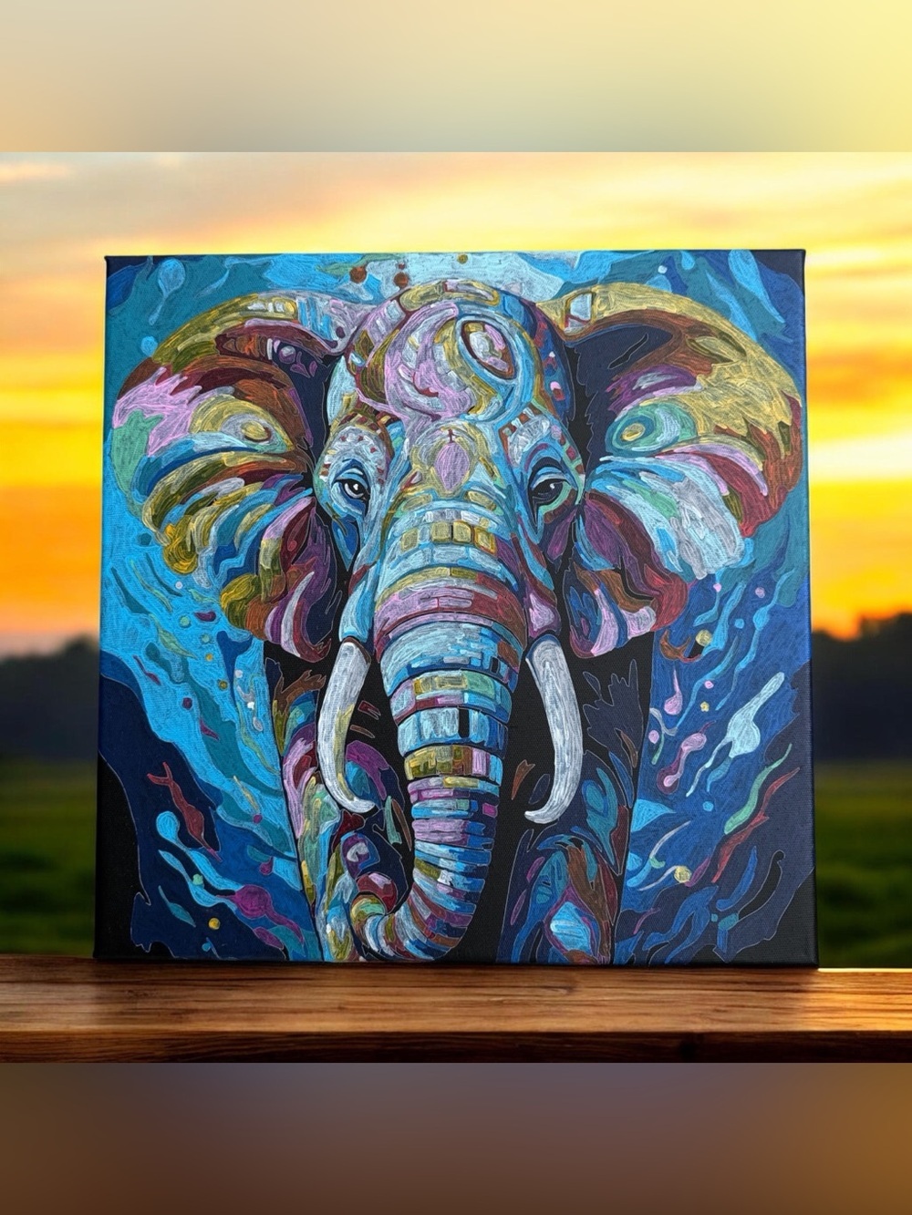 Electric Elephant Finished Paint By Number Painting 12”x 12” Ready To Hang